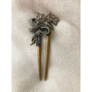 Sweet Romance USA Hair Clip Brass Tone Enamel Rhinestones Vintage Style Romantic